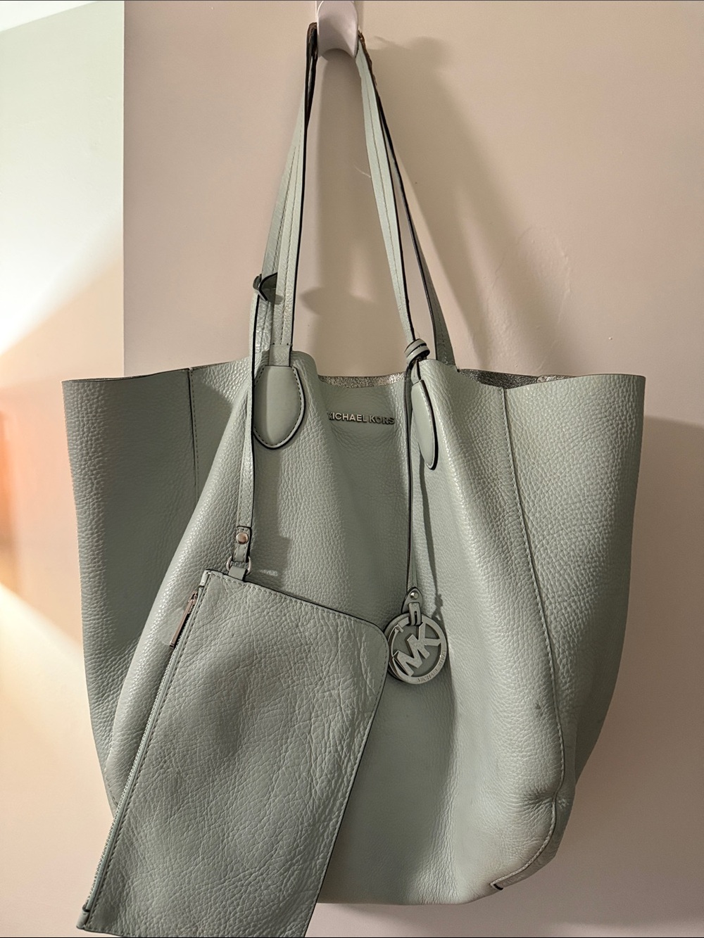 Michael Kors Pale Mint Pebbled Leather Tote with Removable Pouch